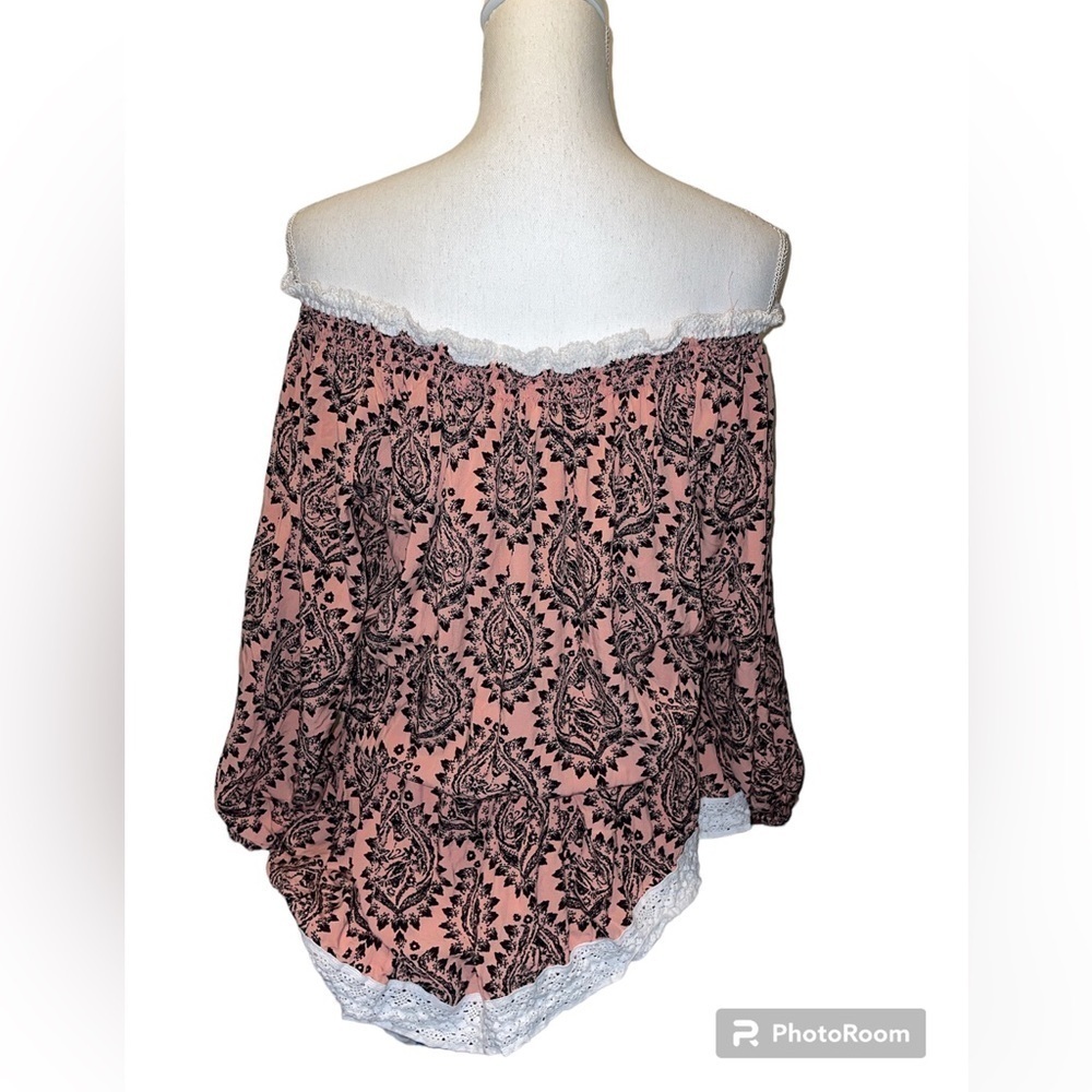 Free People peach black cream off the shoulder dress or long tunic top large - Picture 2 of 6